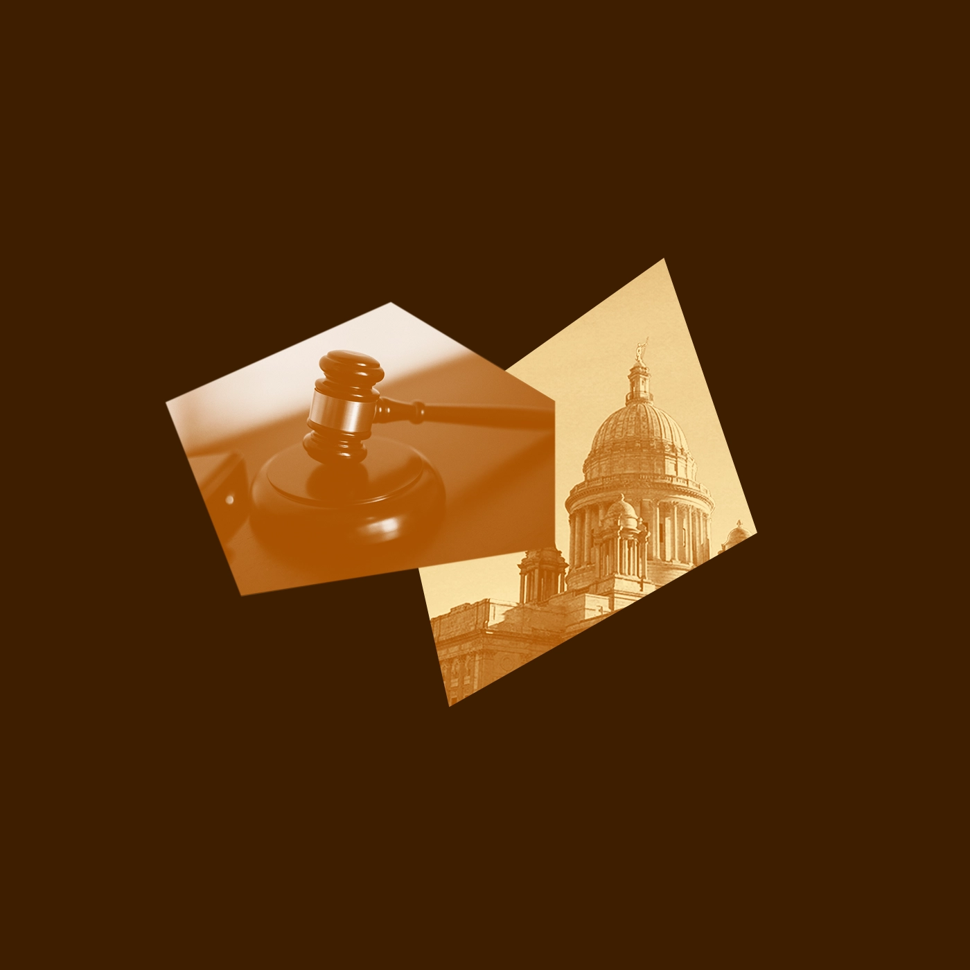 A dark brown graphic with a yellow and brown image of the RI State House and a picture of a gavel.