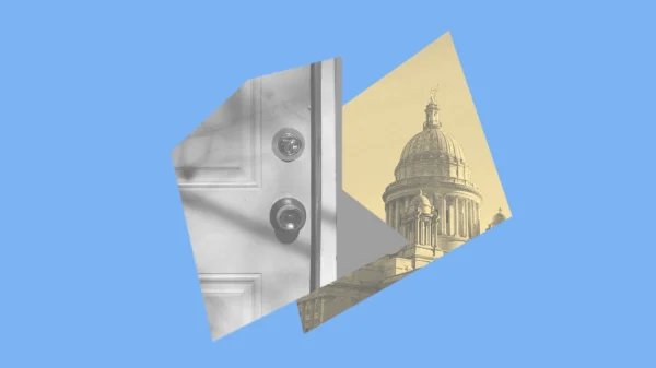 A light blue graphic with a yellow and brown image of the RI State House and a picture of a front door.