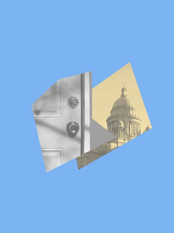A light blue graphic with a yellow and brown image of the RI State House and a picture of a front door.