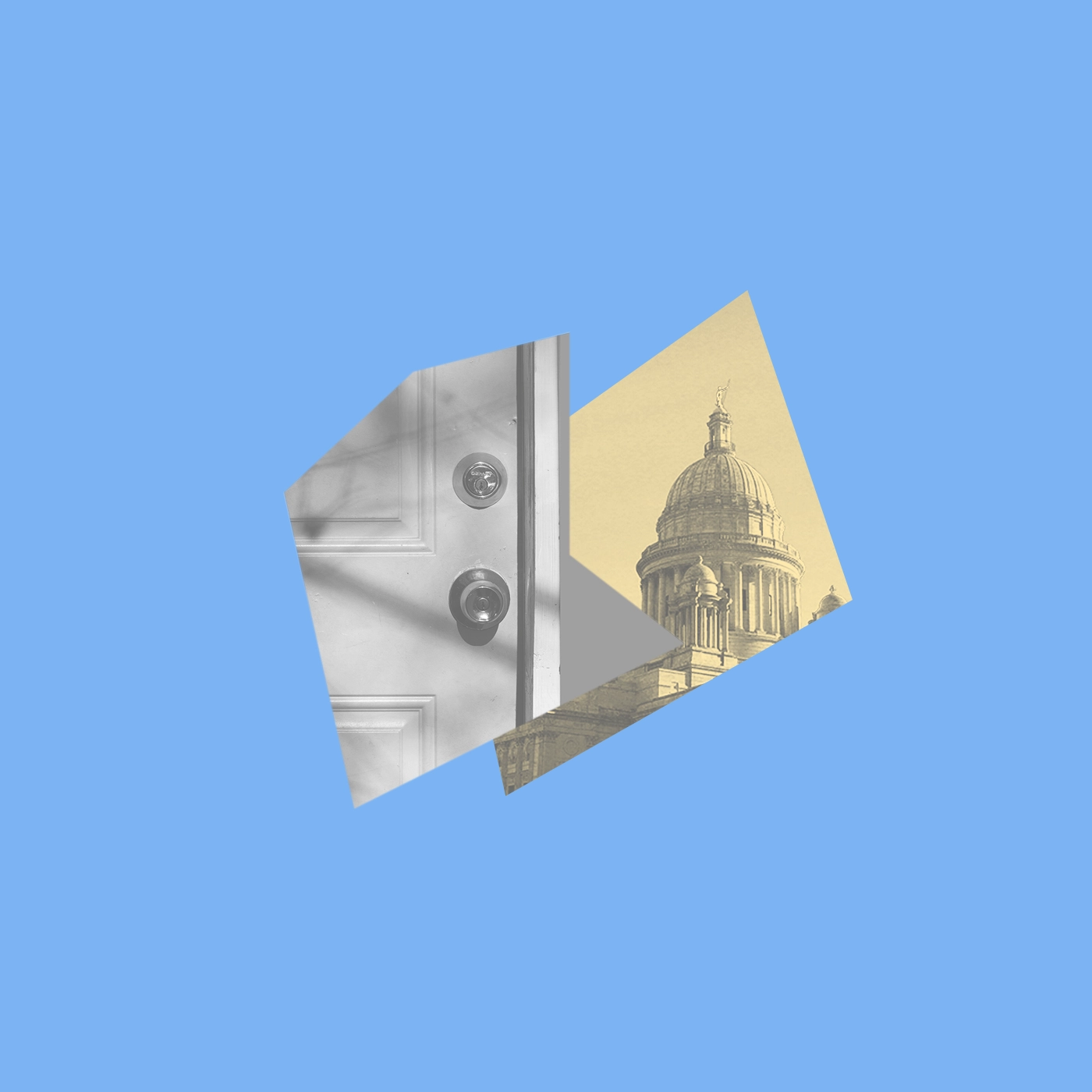 A light blue graphic with a yellow and brown image of the RI State House and a picture of a front door.