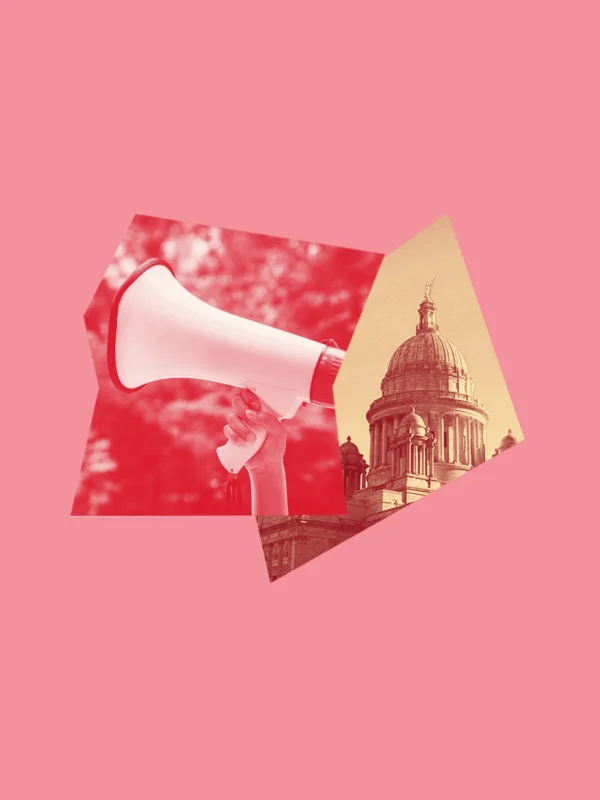 A light pink graphic with a yellow and red image of the RI State House and a picture of a megaphone being held up.