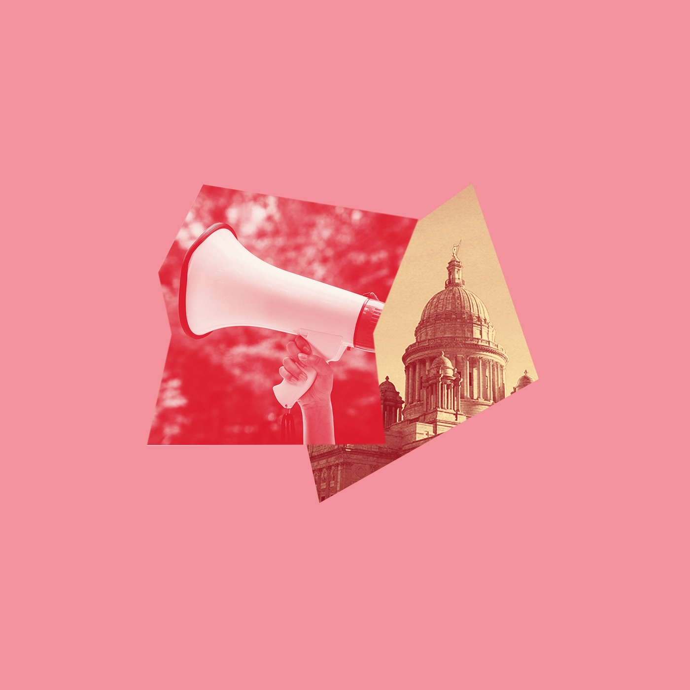 A light pink graphic with a yellow and red image of the RI State House and a picture of a megaphone being held up.