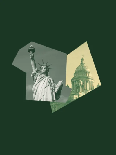 A dark green graphic with a yellow and green image of the RI State House and a picture of the Statue of Liberty.