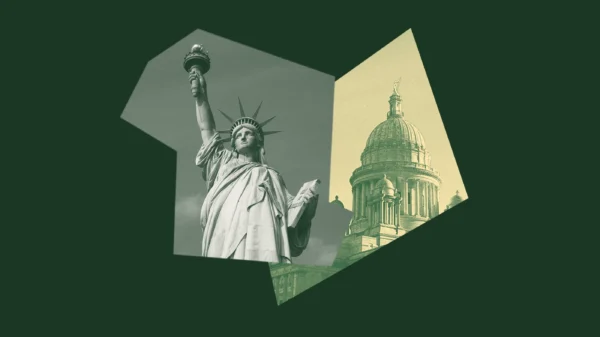 A dark green graphic with a yellow and green image of the RI State House and a picture of the Statue of Liberty.
