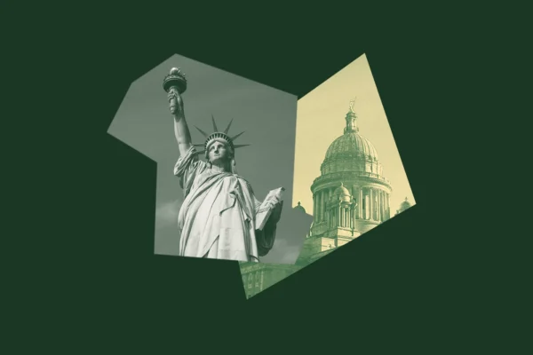 A dark green graphic with a yellow and green image of the RI State House and a picture of the Statue of Liberty.