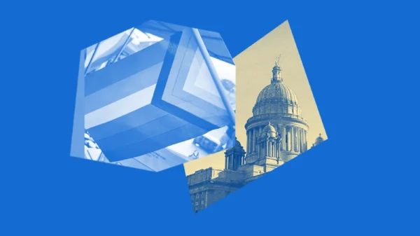 A bright blue graphic with a yellow and blue image of the RI State House and a picture of the LGBTQ+ flag.