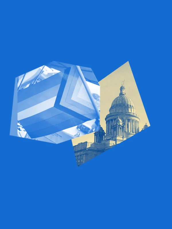 A bright blue graphic with a yellow and blue image of the RI State House and a picture of the LGBTQ+ flag.
