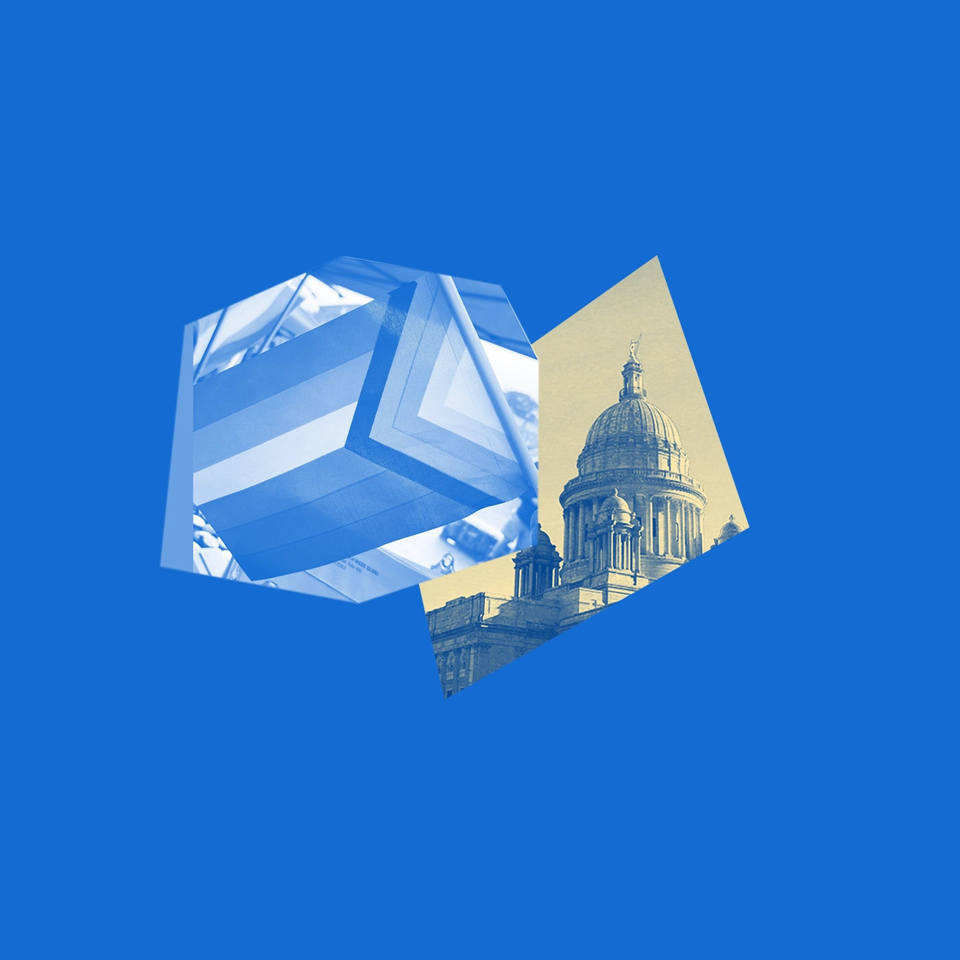 A bright blue graphic with a yellow and blue image of the RI State House and a picture of the LGBTQ+ flag.