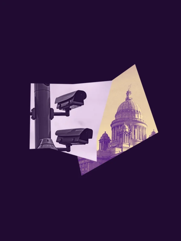 A dark purple graphic with a yellow and purple image of the RI State House and a picture of surveillance cameras on a lamp post.