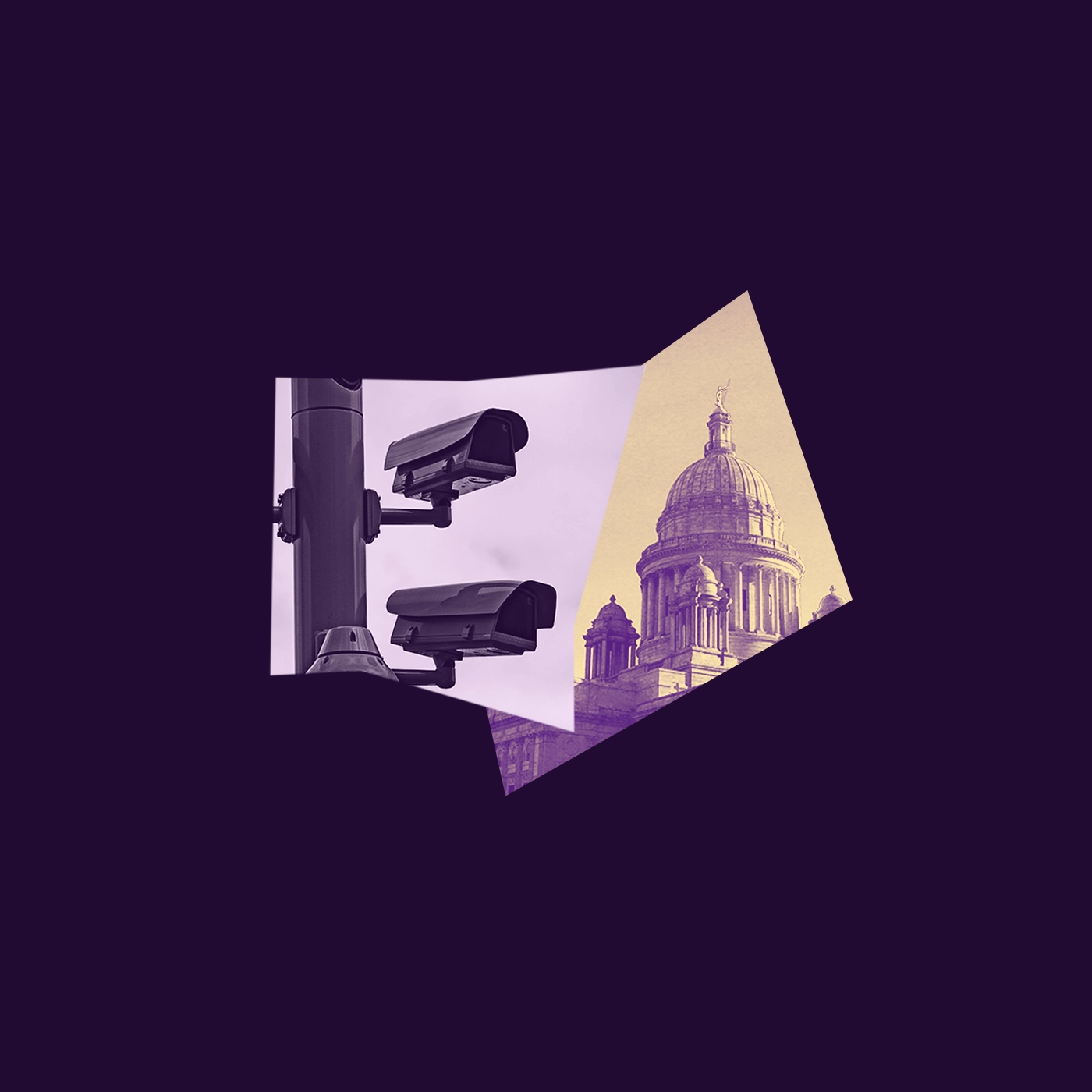 A dark purple graphic with a yellow and purple image of the RI State House and a picture of surveillance cameras on a lamp post.
