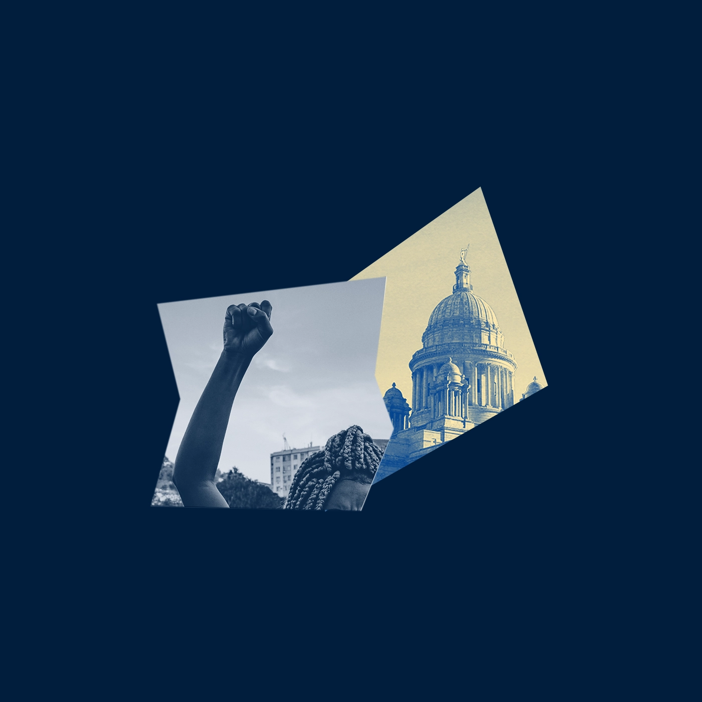 A dark blue graphic with a yellow and blue image of the RI State House and a person's fist held in the air.
