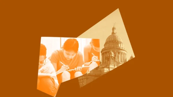 A dark orange graphic with a yellow and brown image of the RI State House and a picture three kids sitting and writing with pens in notebooks.