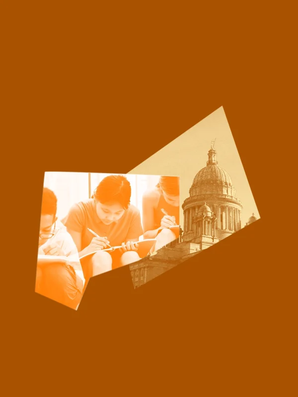 A dark orange graphic with a yellow and brown image of the RI State House and a picture three kids sitting and writing with pens in notebooks.