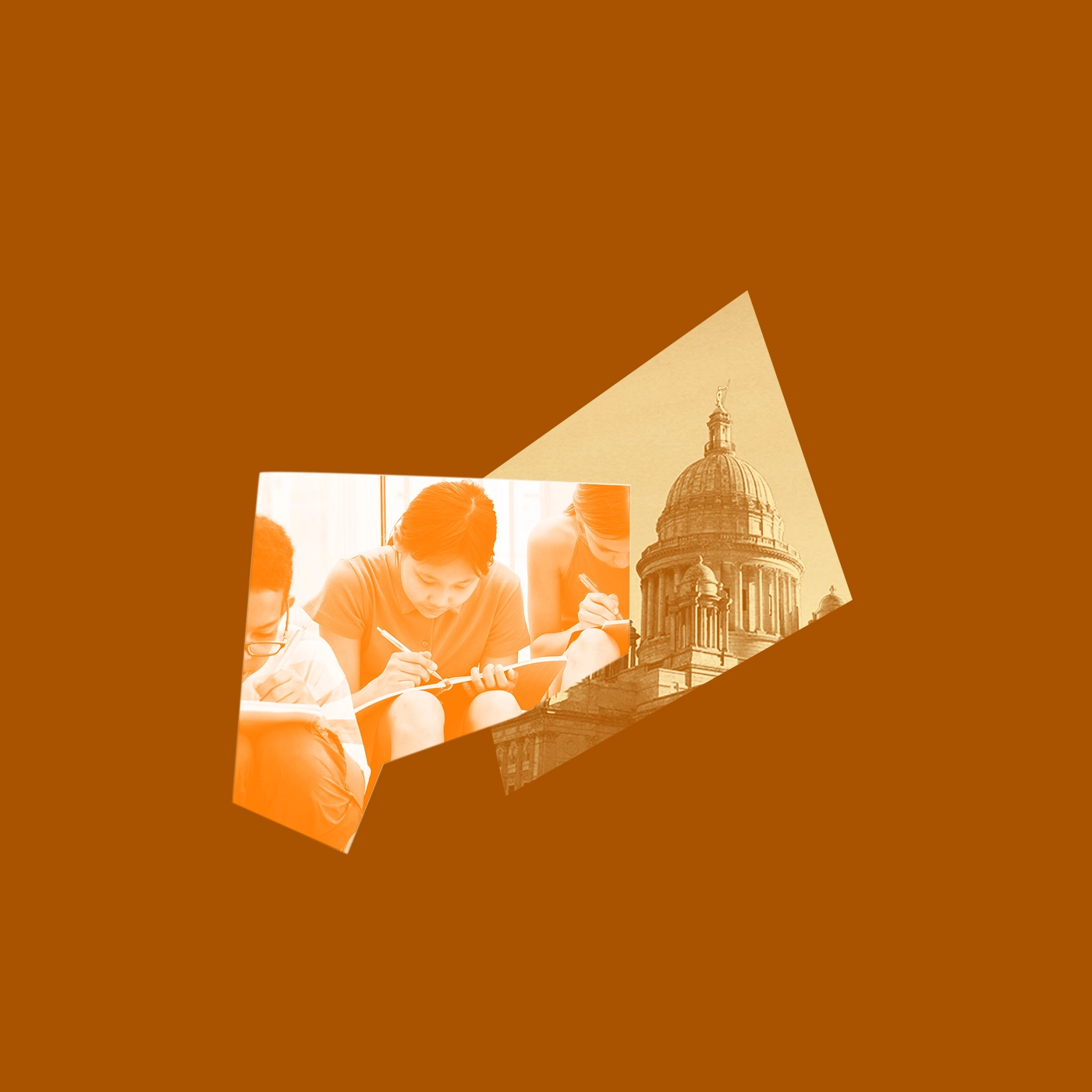 A dark orange graphic with a yellow and brown image of the RI State House and a picture three kids sitting and writing with pens in notebooks.