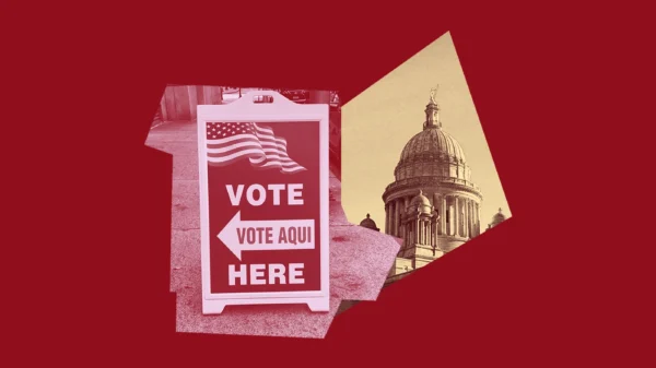 A dark red graphic with a yellow and red image of the RI State House and a picture of a "vote here/vote aqui" sign.