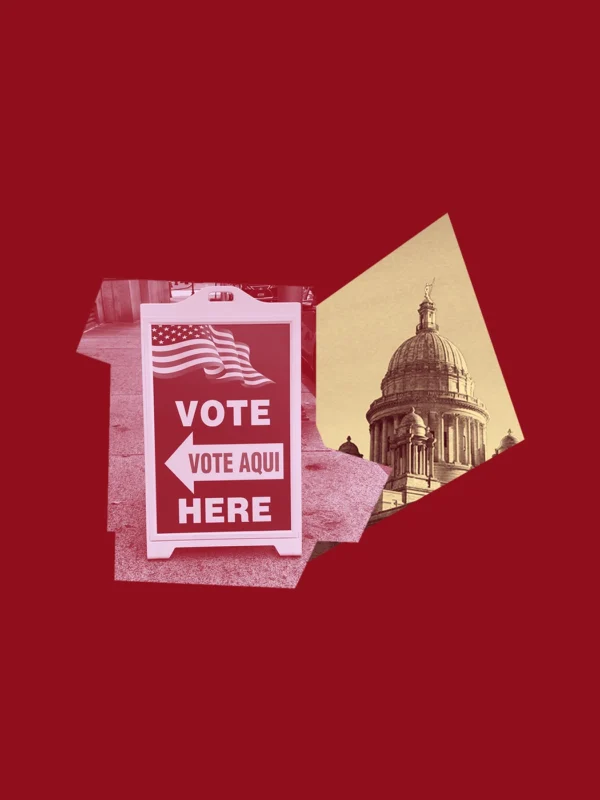 A dark red graphic with a yellow and red image of the RI State House and a picture of a "vote here/vote aqui" sign.