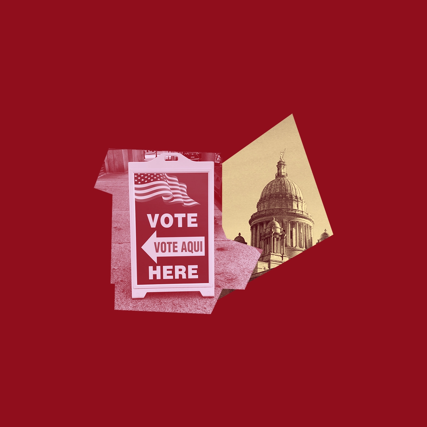 A dark red graphic with a yellow and red image of the RI State House and a picture of a "vote here/vote aqui" sign.