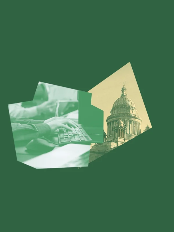 A dark green graphic with a yellow and green image of the RI State House and a picture of hands typing on a keyboard at a desk.