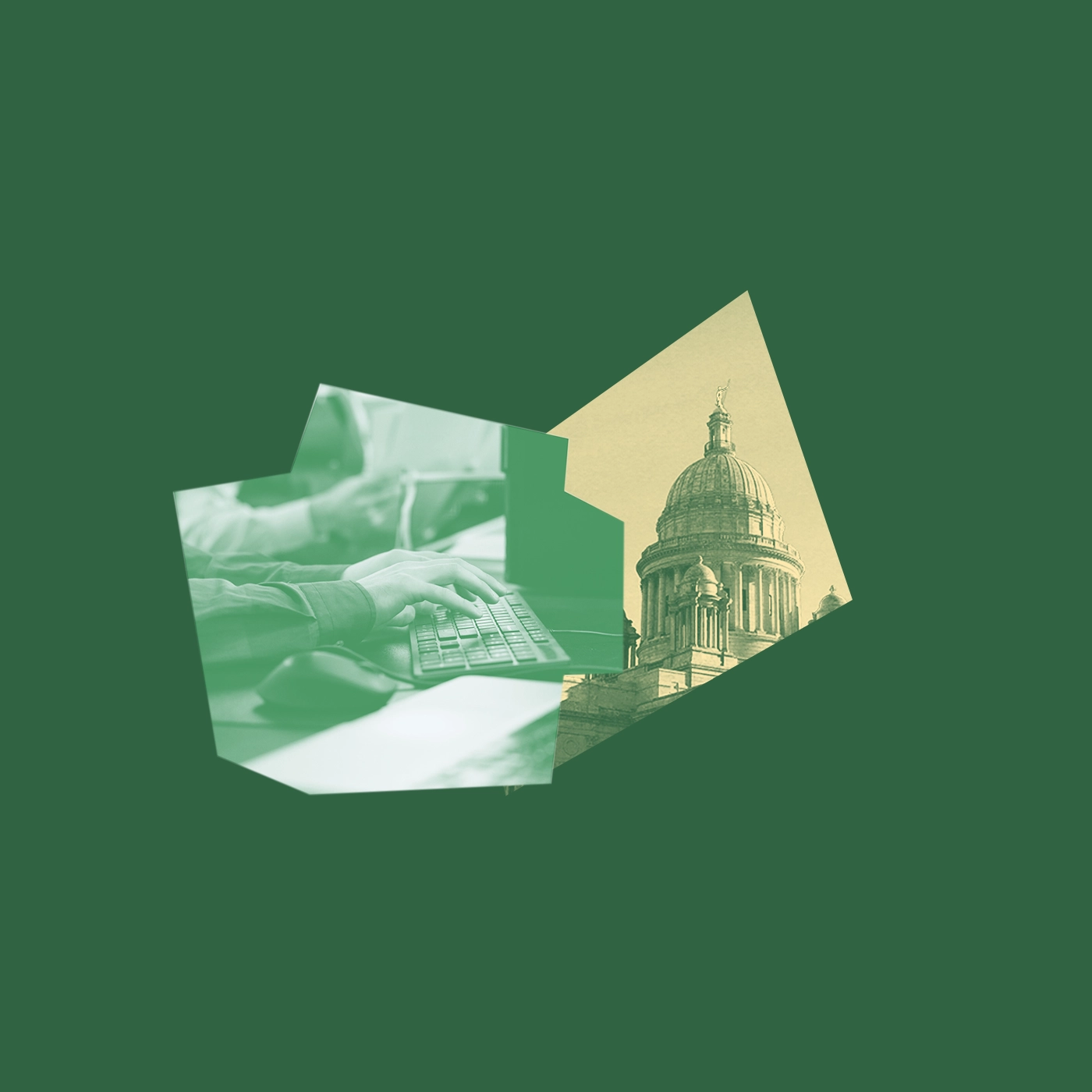 A dark green graphic with a yellow and green image of the RI State House and a picture of hands typing on a keyboard at a desk.