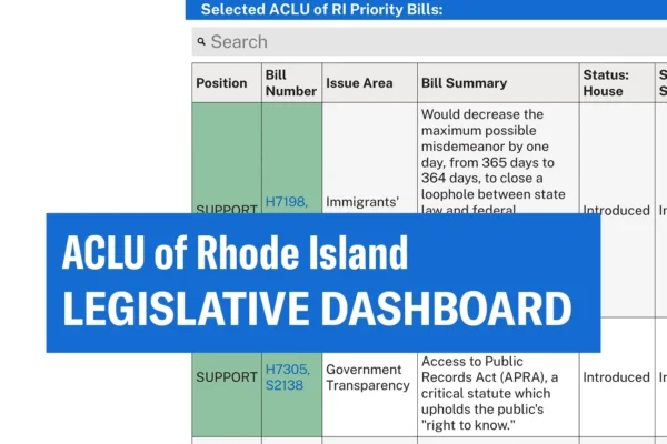 Graphic with image of the Legislative Dashboard and the words "ACLU of Rhode Island Legislative Dashboard"