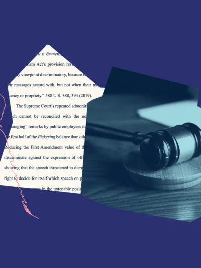 Dark blue background with a shape of text from the amicus brief overlapped with a dark and light blue gavel. A pink squiggle line accents the left of the shape with the text.