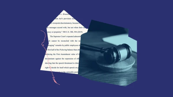 Dark blue background with a shape of text from the amicus brief overlapped with a dark and light blue gavel. A pink squiggle line accents the left of the shape with the text.