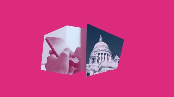 Bright pink graphic with a dark pink and light blue image of a person texting on a smart phone, and a white and dark blue image of the Rhode Island State House.
