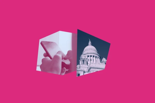 Bright pink graphic with a dark pink and light blue image of a person texting on a smart phone, and a white and dark blue image of the Rhode Island State House.