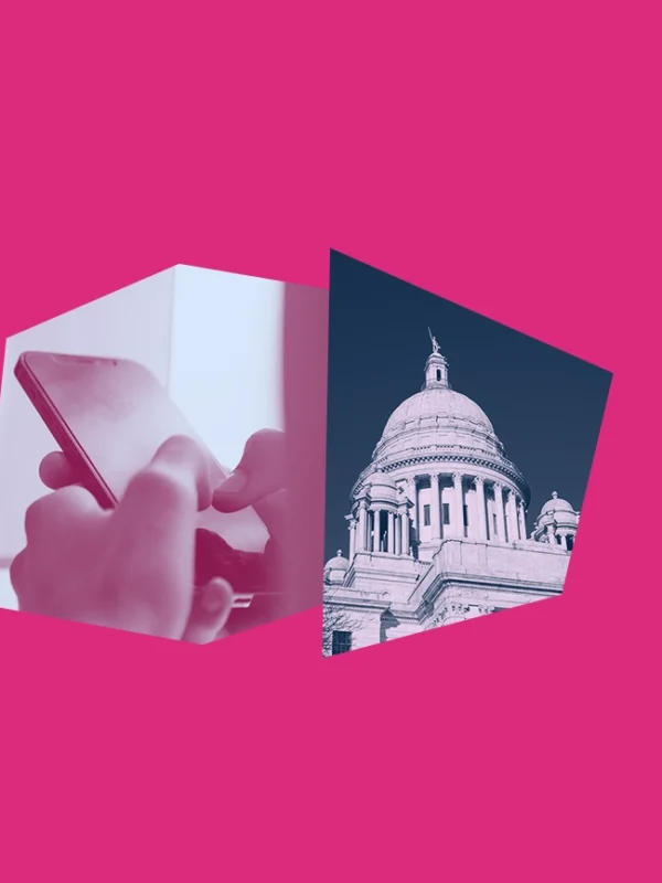 Bright pink graphic with a dark pink and light blue image of a person texting on a smart phone, and a white and dark blue image of the Rhode Island State House.