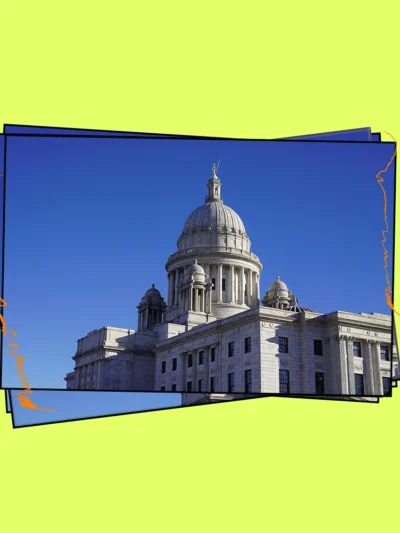 Neon yellow background with a graphic of a stack of postcards that have the RI state house on the front.