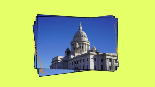 Neon yellow background with a graphic of a stack of postcards that have the RI state house on the front.