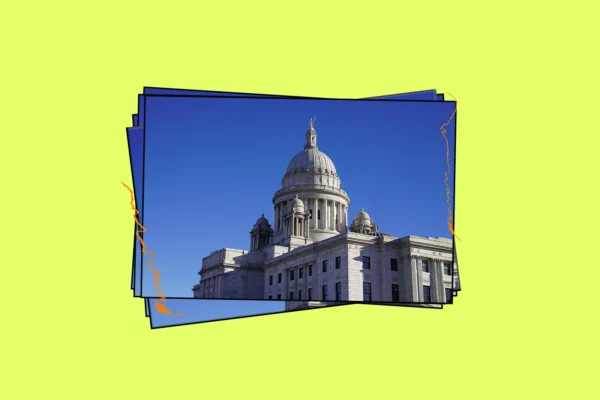Neon yellow background with a graphic of a stack of postcards that have the RI state house on the front.