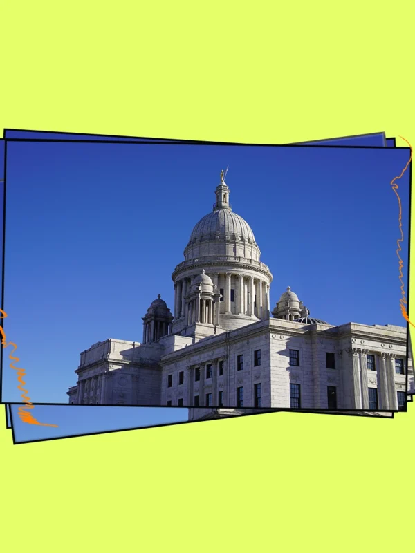 Neon yellow background with a graphic of a stack of postcards that have the RI state house on the front.