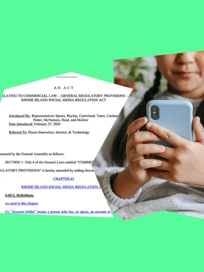 Neon green background with photos of a RI 2026 legislative session bill and a child holding a smartphone.
