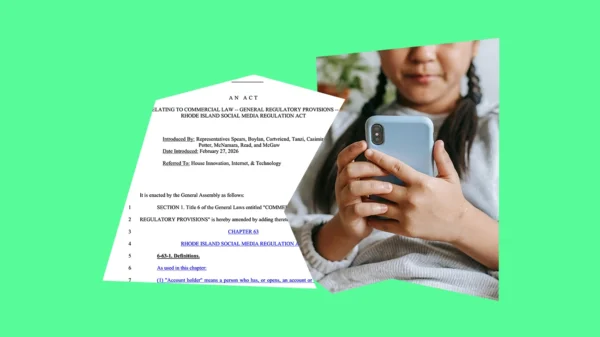 Neon green background with photos of a RI 2026 legislative session bill and a child holding a smartphone.