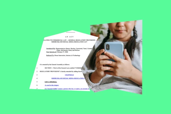 Neon green background with photos of a RI 2026 legislative session bill and a child holding a smartphone.