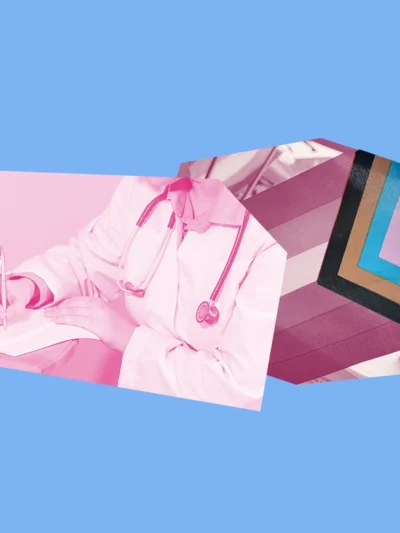Light blue background with white and pink images of a doctor and a trans pride flag.