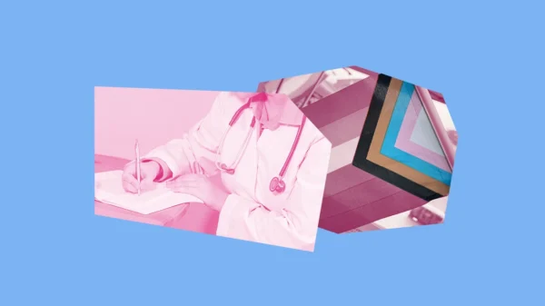 Light blue background with white and pink images of a doctor and a trans pride flag.