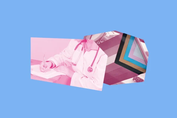Light blue background with white and pink images of a doctor and a trans pride flag.