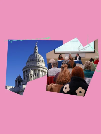 Bright pink graphic with photos of the RI State House and a photo from an event that shows the back of peoples' heads and a panel of presenters in the background.