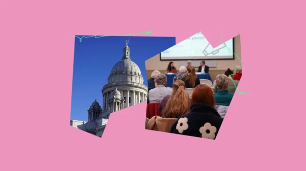 Bright pink graphic with photos of the RI State House and a photo from an event that shows the back of peoples' heads and a panel of presenters in the background.