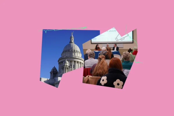 Bright pink graphic with photos of the RI State House and a photo from an event that shows the back of peoples' heads and a panel of presenters in the background.