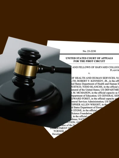 Brown background with a gavel and first page of the amicus brief.