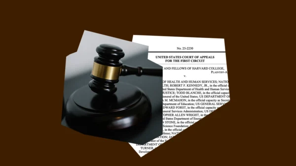 Brown background with a gavel and first page of the amicus brief.