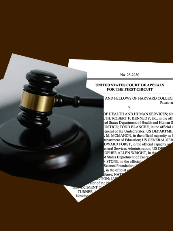 Brown background with a gavel and first page of the amicus brief.