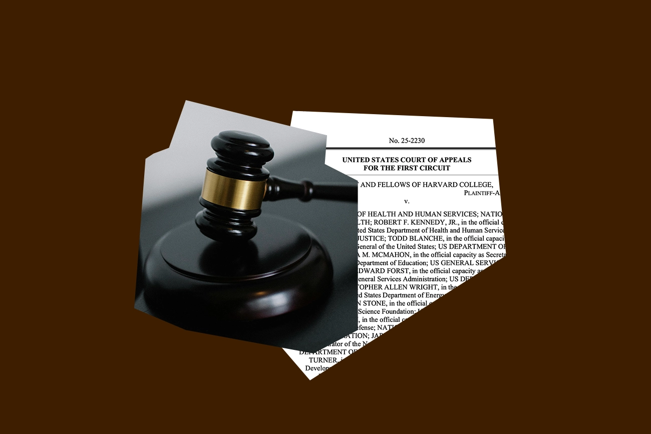 Brown background with a gavel and first page of the amicus brief.