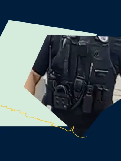Dark blue graphic with a light green shape, yellow scribble, and low resolution photo of a police officer's vest with a body worn camera