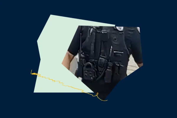Dark blue graphic with a light green shape, yellow scribble, and low resolution photo of a police officer's vest with a body worn camera