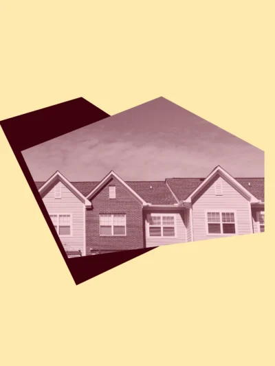 Light yellow background with dark red shapes and image of the top of an apartment building