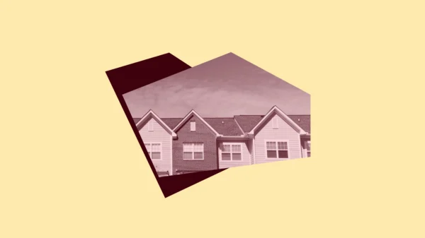 Light yellow background with dark red shapes and image of the top of an apartment building